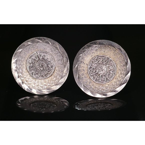 Vintage Mexican Sterling Silver Cufflinks With Aztec Calendar Center Design - Picture 1 of 8